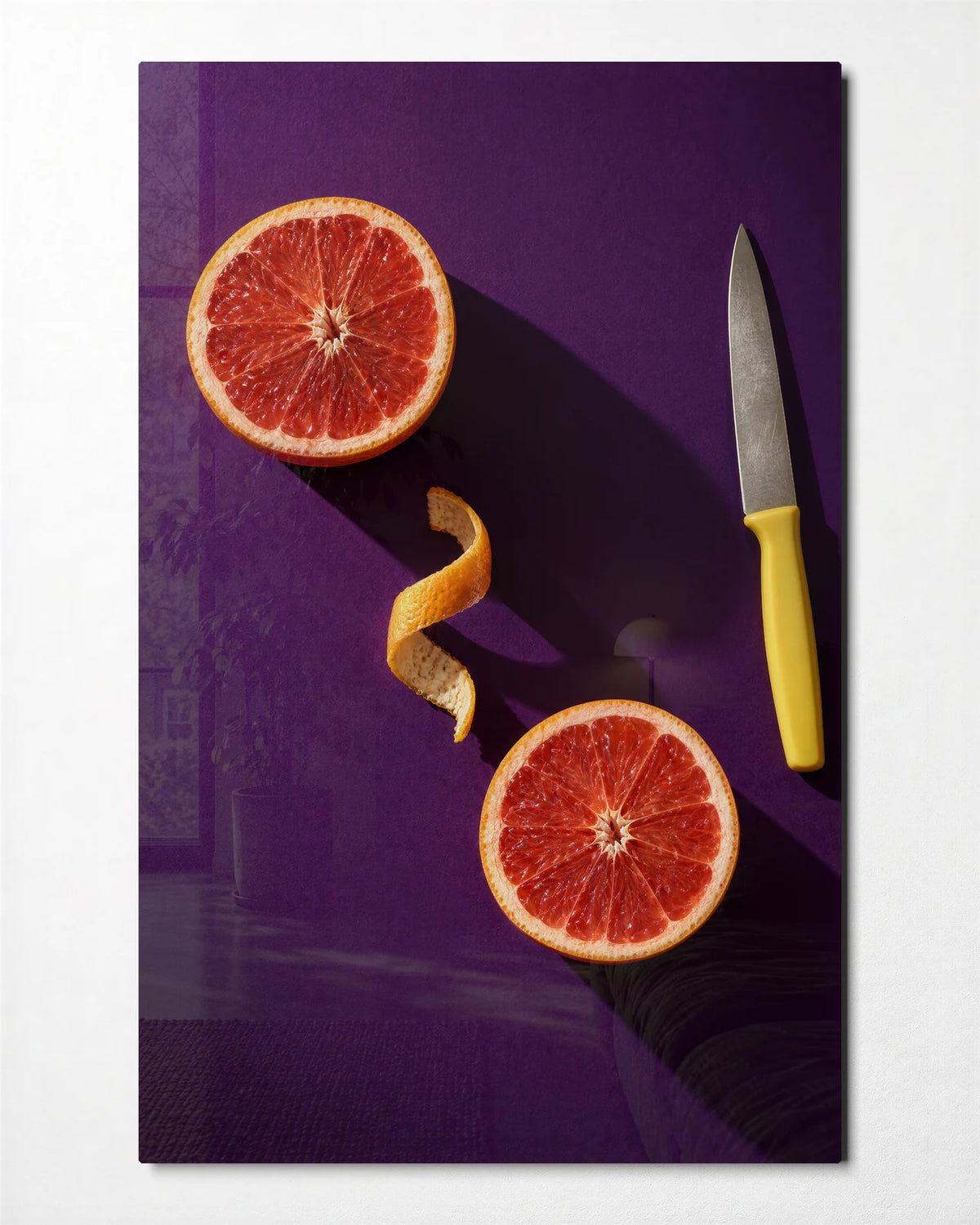 Citrus on Purple — front view of glass wall art