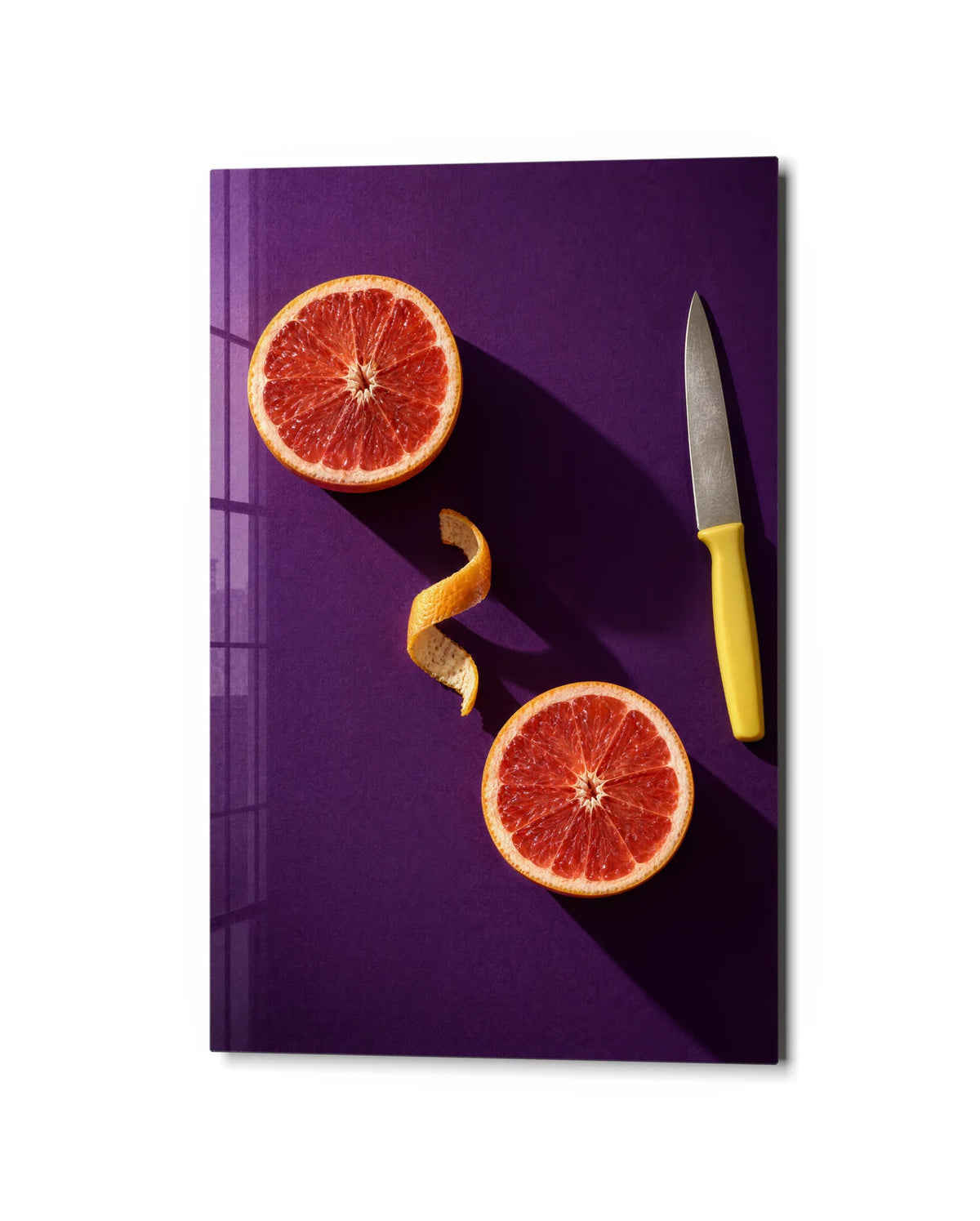 Citrus on Purple — studio view of glass wall art