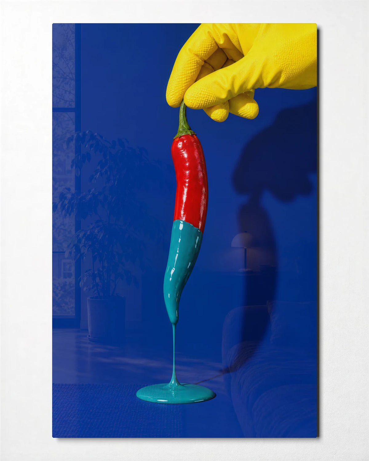 Pepper Dipped in Blue — front view of glass wall art