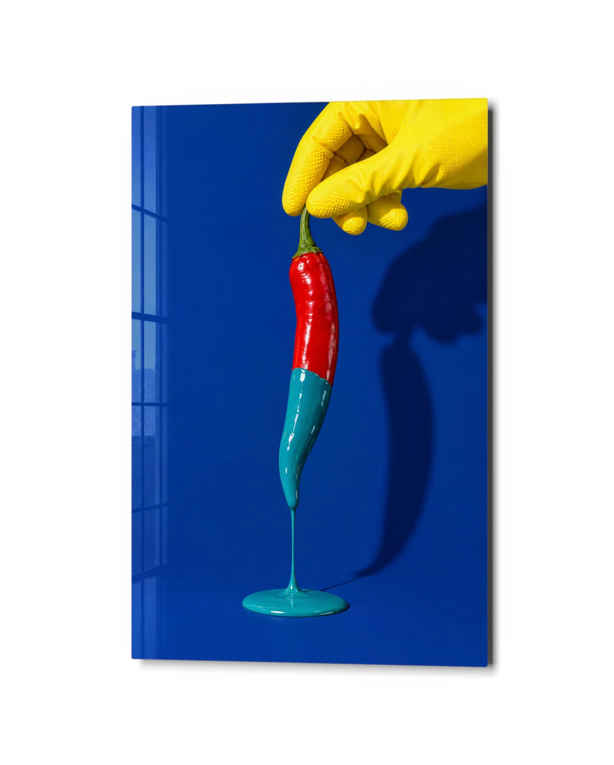 Pepper Dipped in Blue — studio view of glass wall art