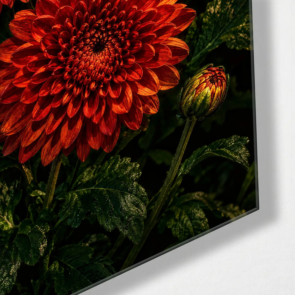 Three Red Blooms — corner detail of glass wall art