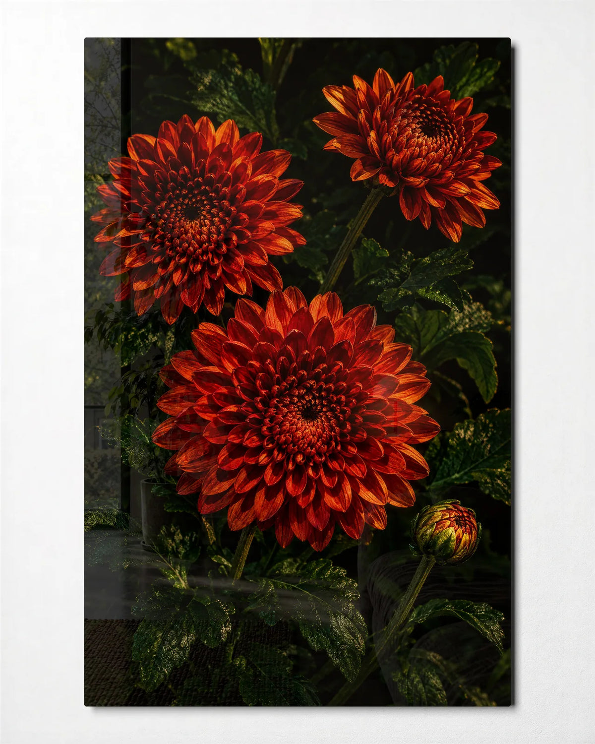 Three Red Blooms — front view of glass wall art
