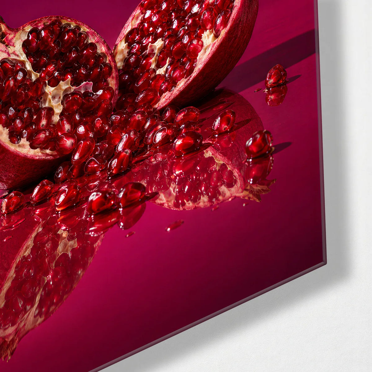 Pomegranate on Red — corner detail of glass wall art
