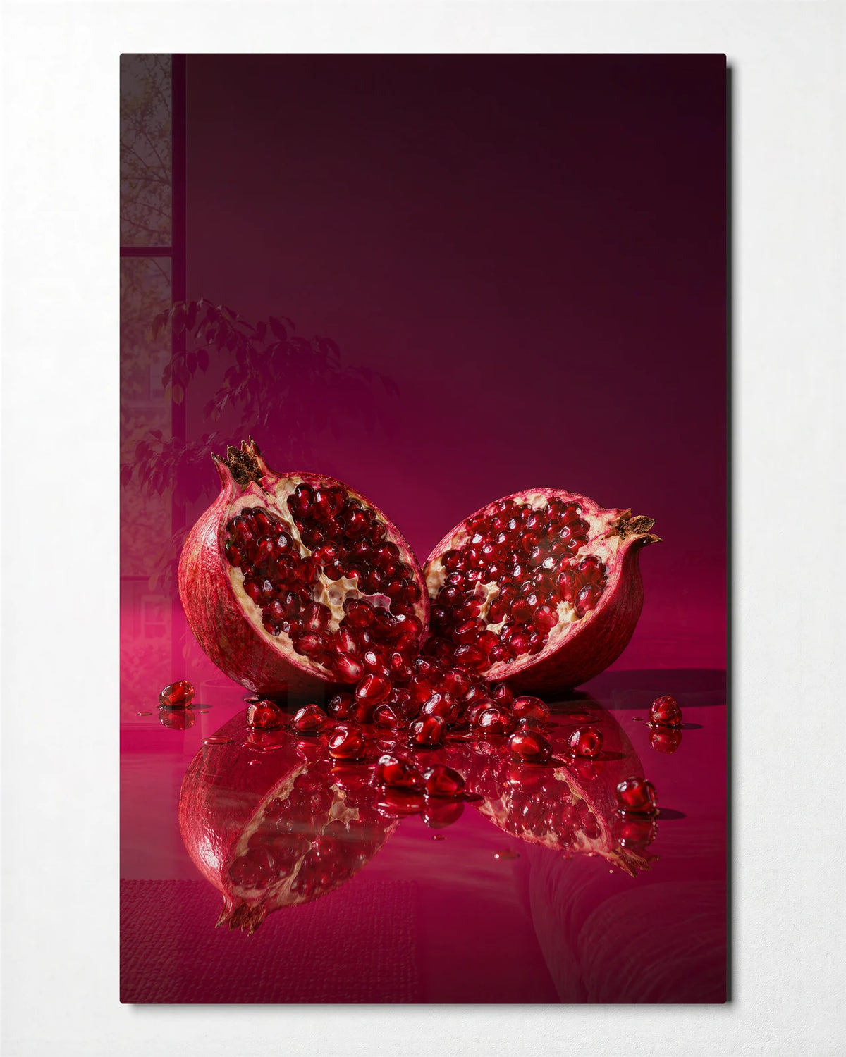 Pomegranate on Red — front view of glass wall art