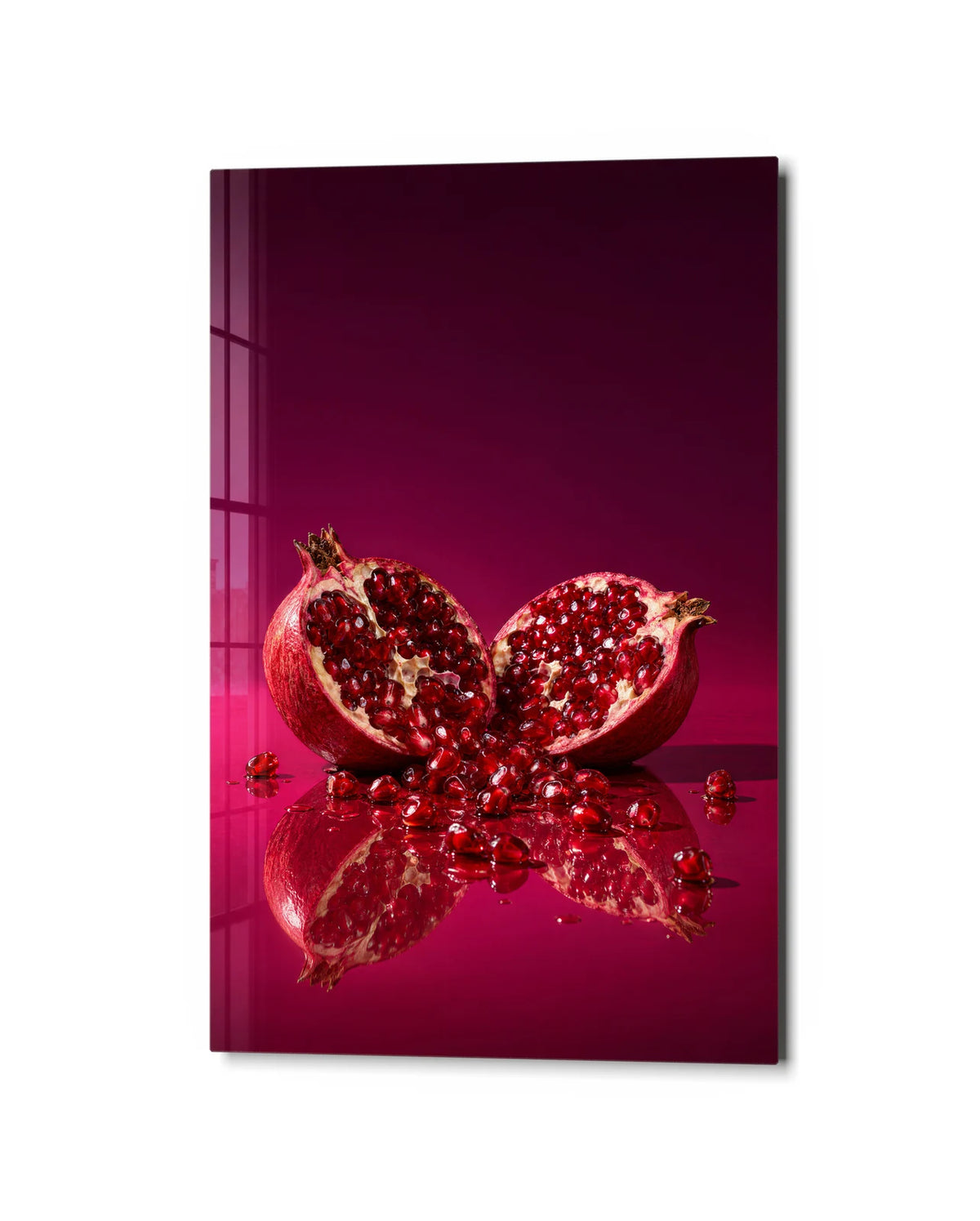 Pomegranate on Red — studio view of glass wall art