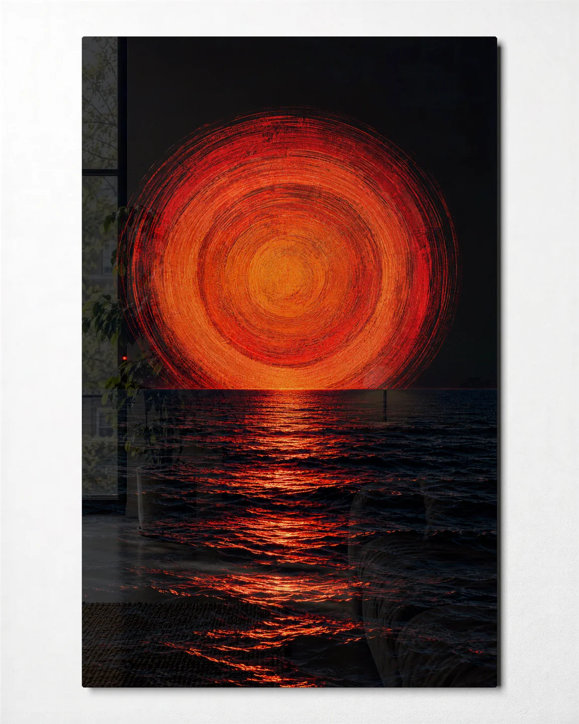 Burning Circle — front view of glass wall art