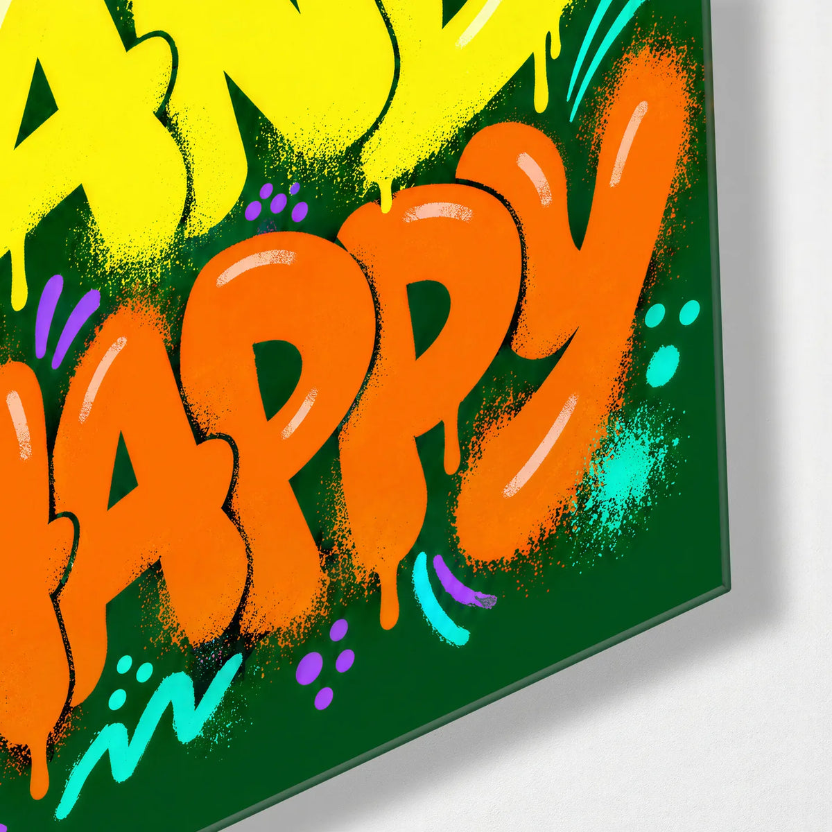 Loud and Happy — corner detail of glass wall art