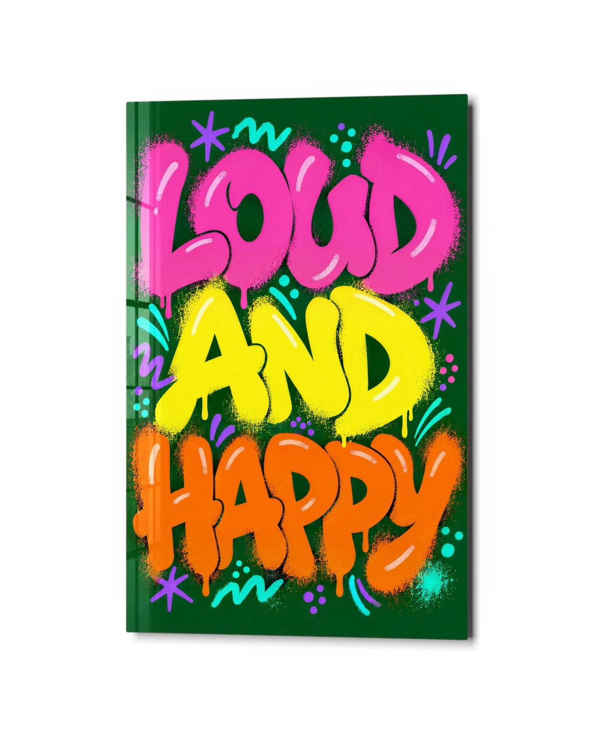 Loud and Happy — studio view of glass wall art