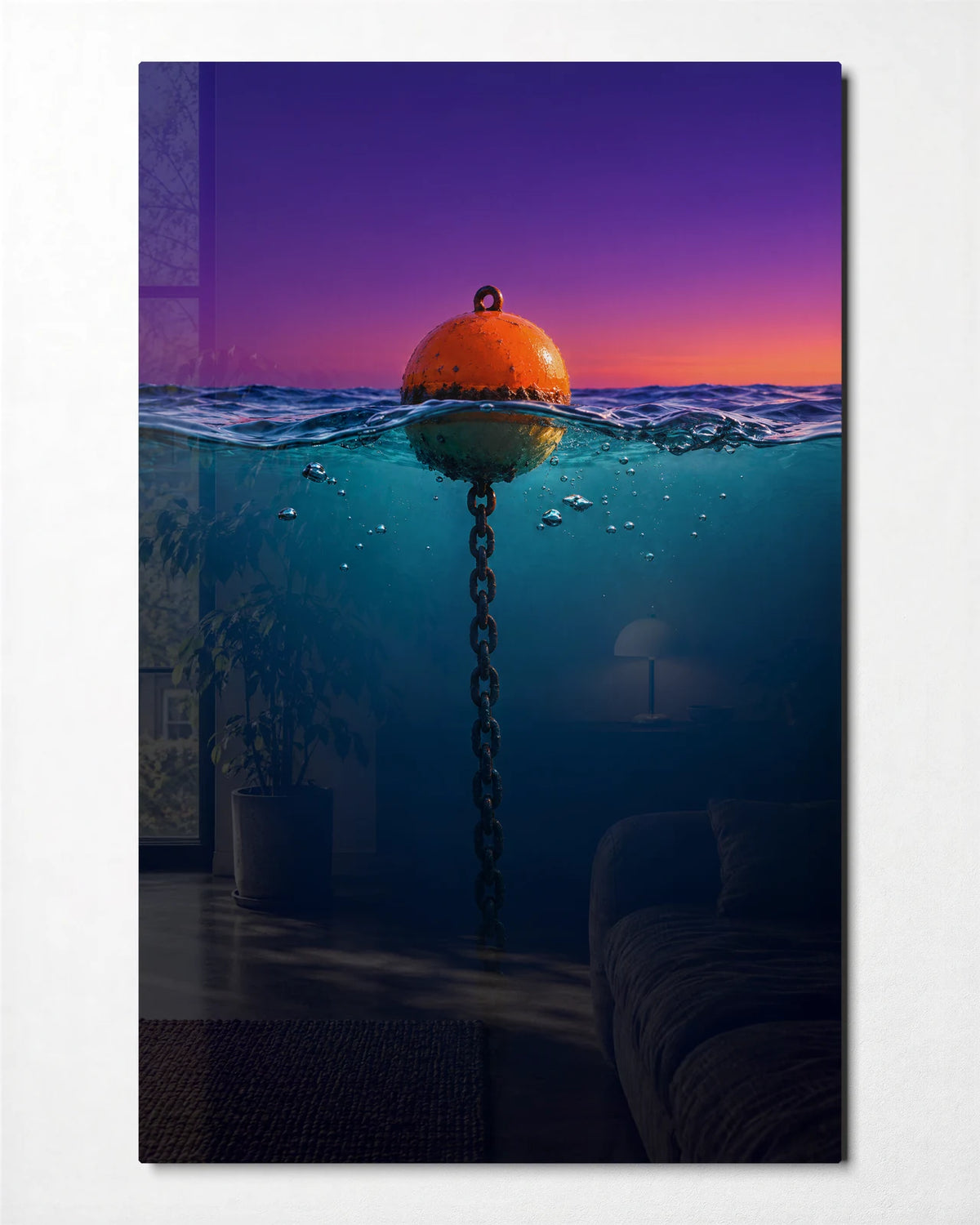 Anchored at Dusk — front view of glass wall art