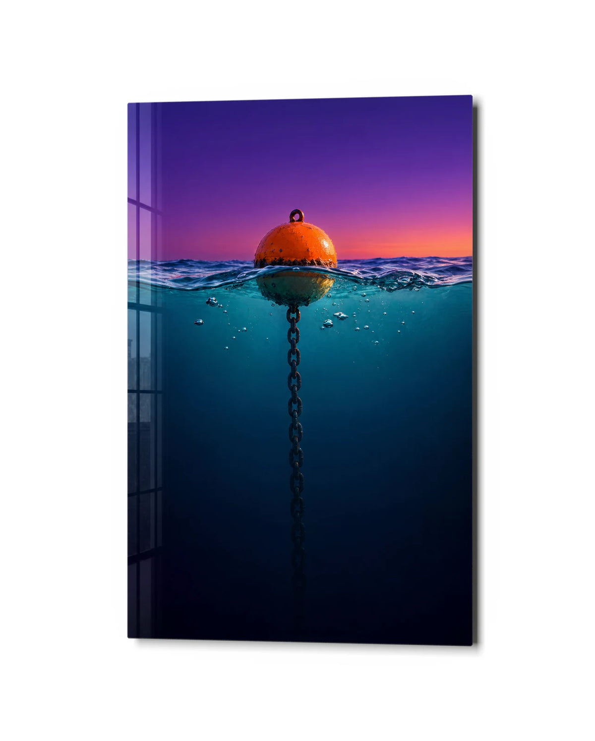 Anchored at Dusk — studio view of glass wall art