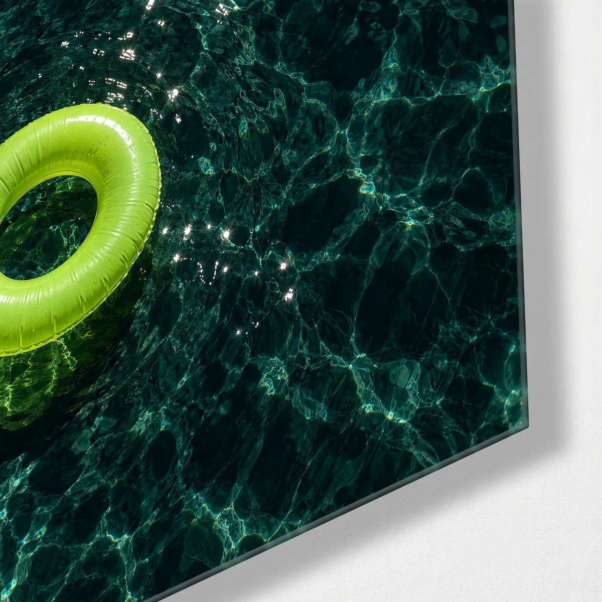 Floating Green — corner detail of glass wall art