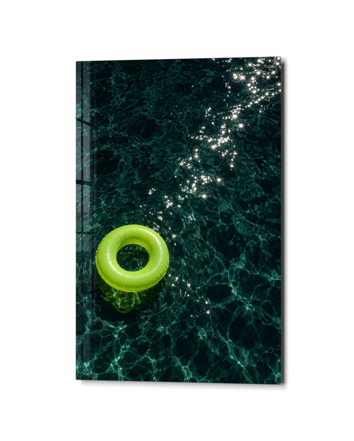 Floating Green — studio view of glass wall art