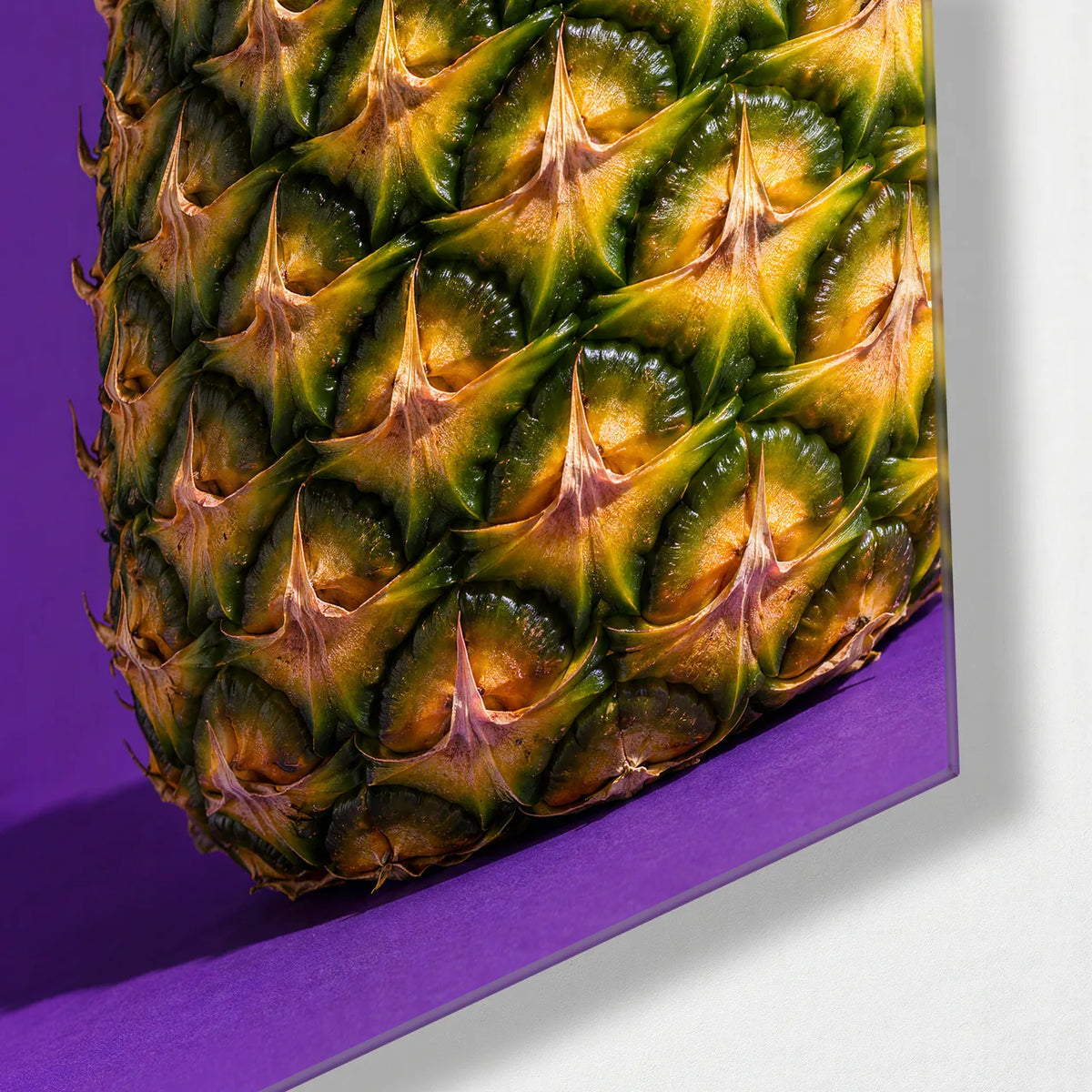 Pineapple on Purple — corner detail of glass wall art