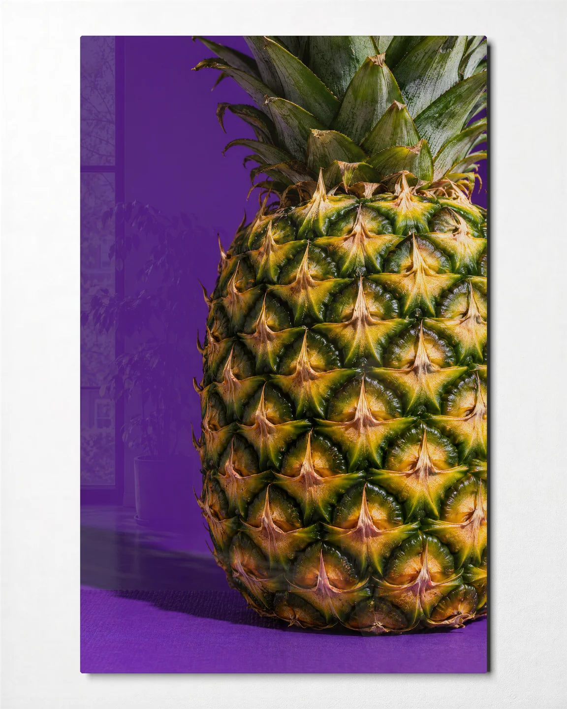 Pineapple on Purple — front view of glass wall art