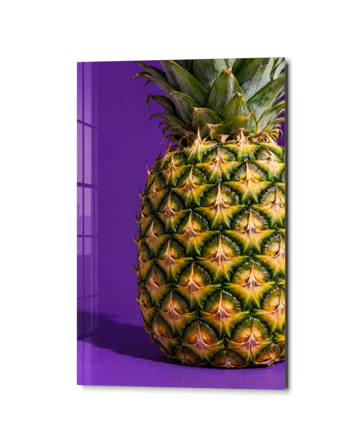 Pineapple on Purple — studio view of glass wall art