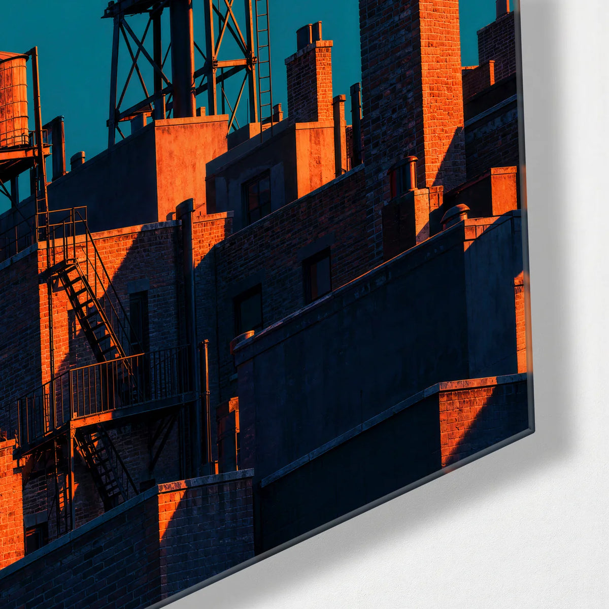 Rooftops Under Yellow — corner detail of glass wall art