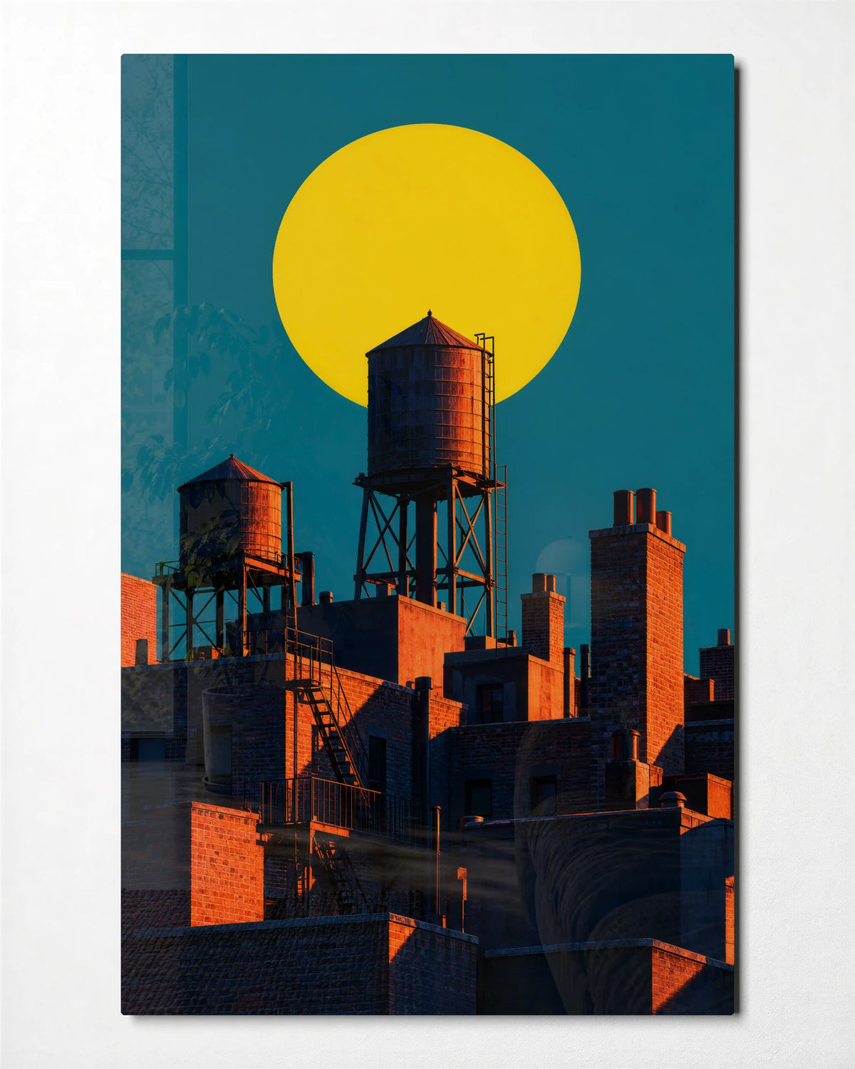 Rooftops Under Yellow — front view of glass wall art