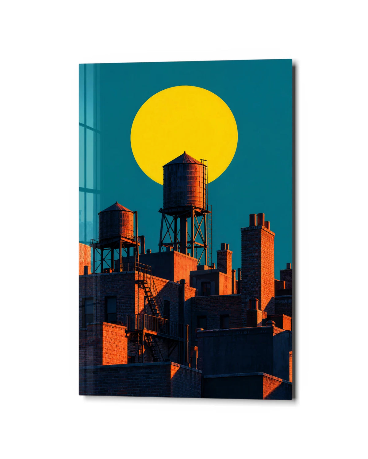 Rooftops Under Yellow — studio view of glass wall art