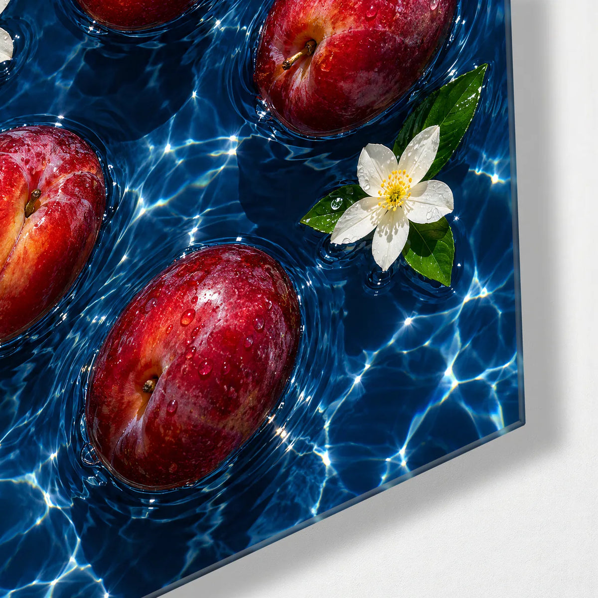 Apples Afloat — corner detail of glass wall art