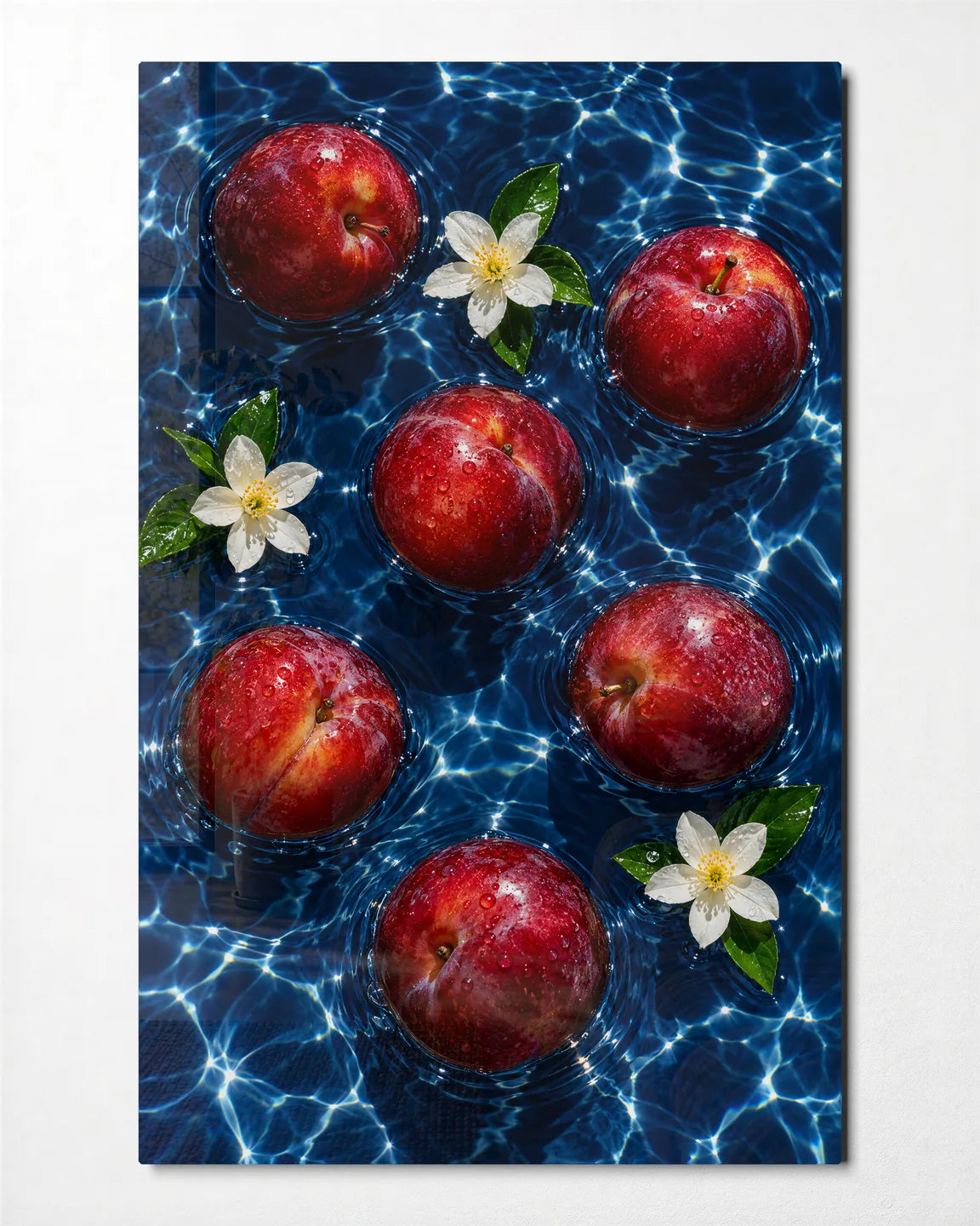 Apples Afloat — front view of glass wall art