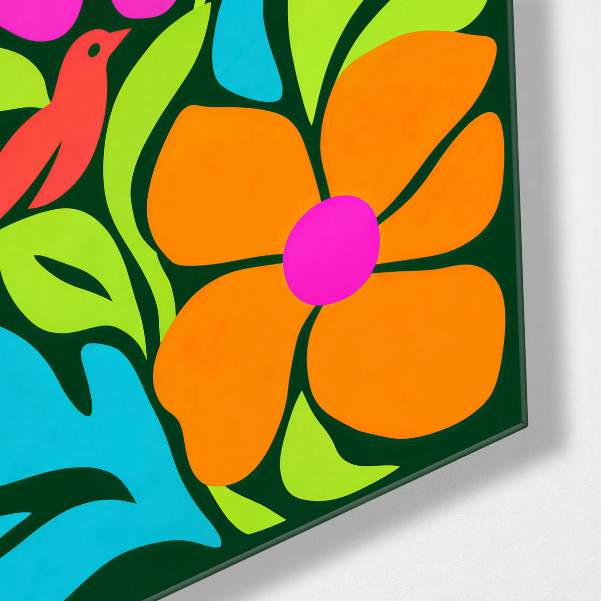 Flowers and a Small Bird — corner detail of glass wall art
