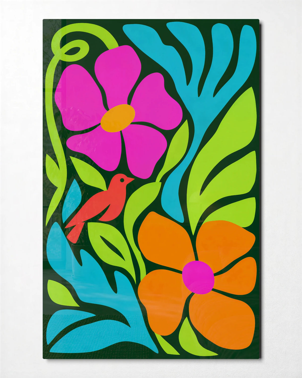 Flowers and a Small Bird — front view of glass wall art