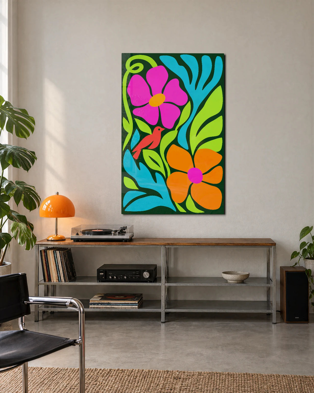 Flowers and a Small Bird — shown in a living space