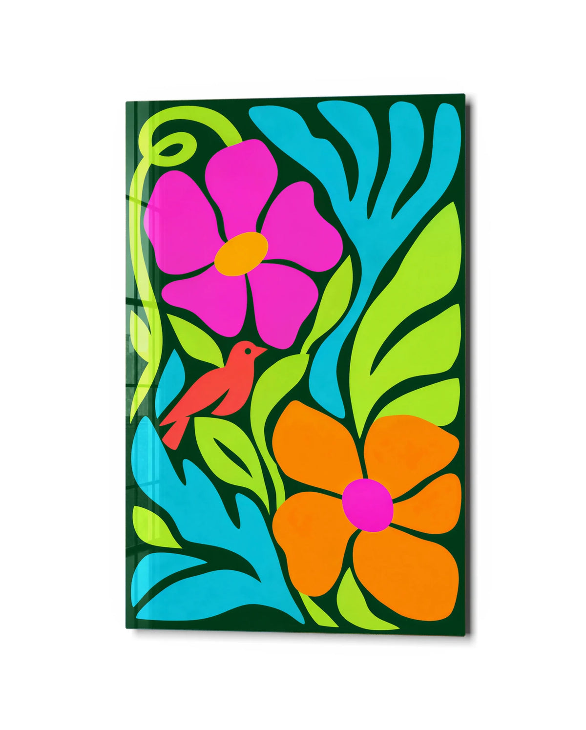 Flowers and a Small Bird — studio view of glass wall art