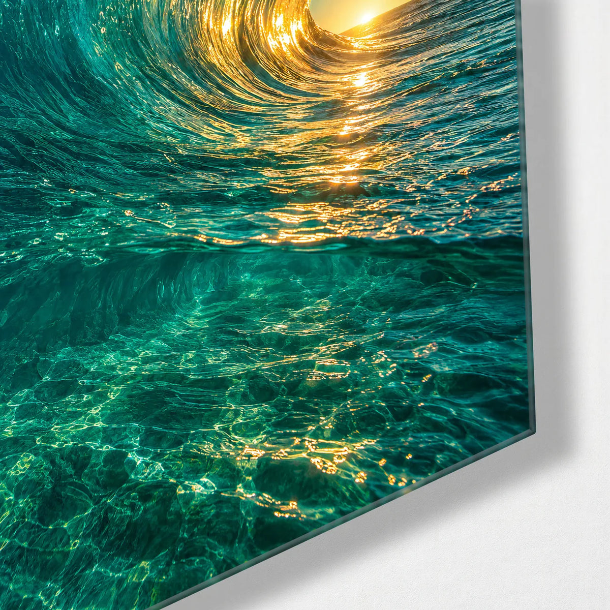 Golden Water Curl — corner detail of glass wall art