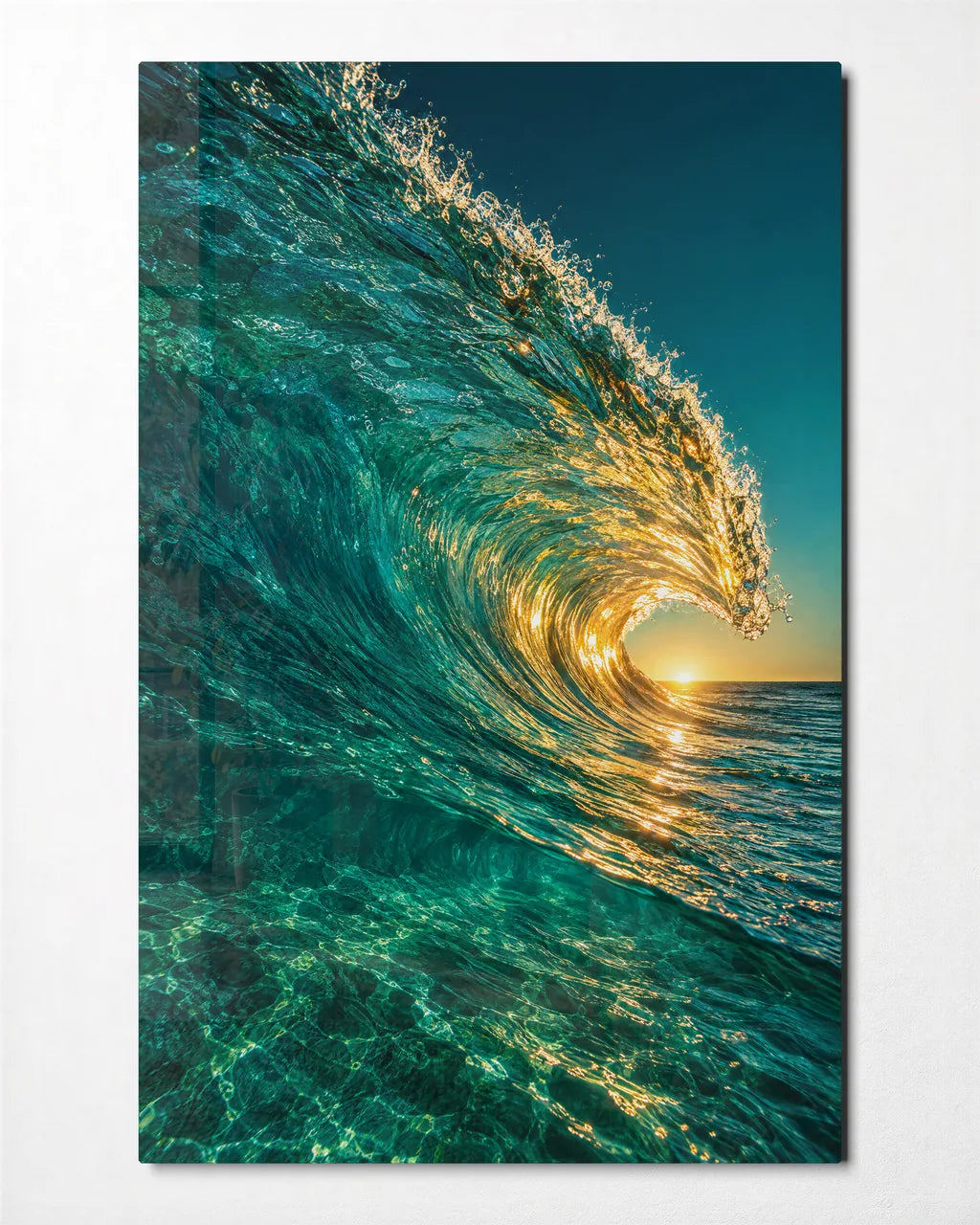 Golden Water Curl — front view of glass wall art