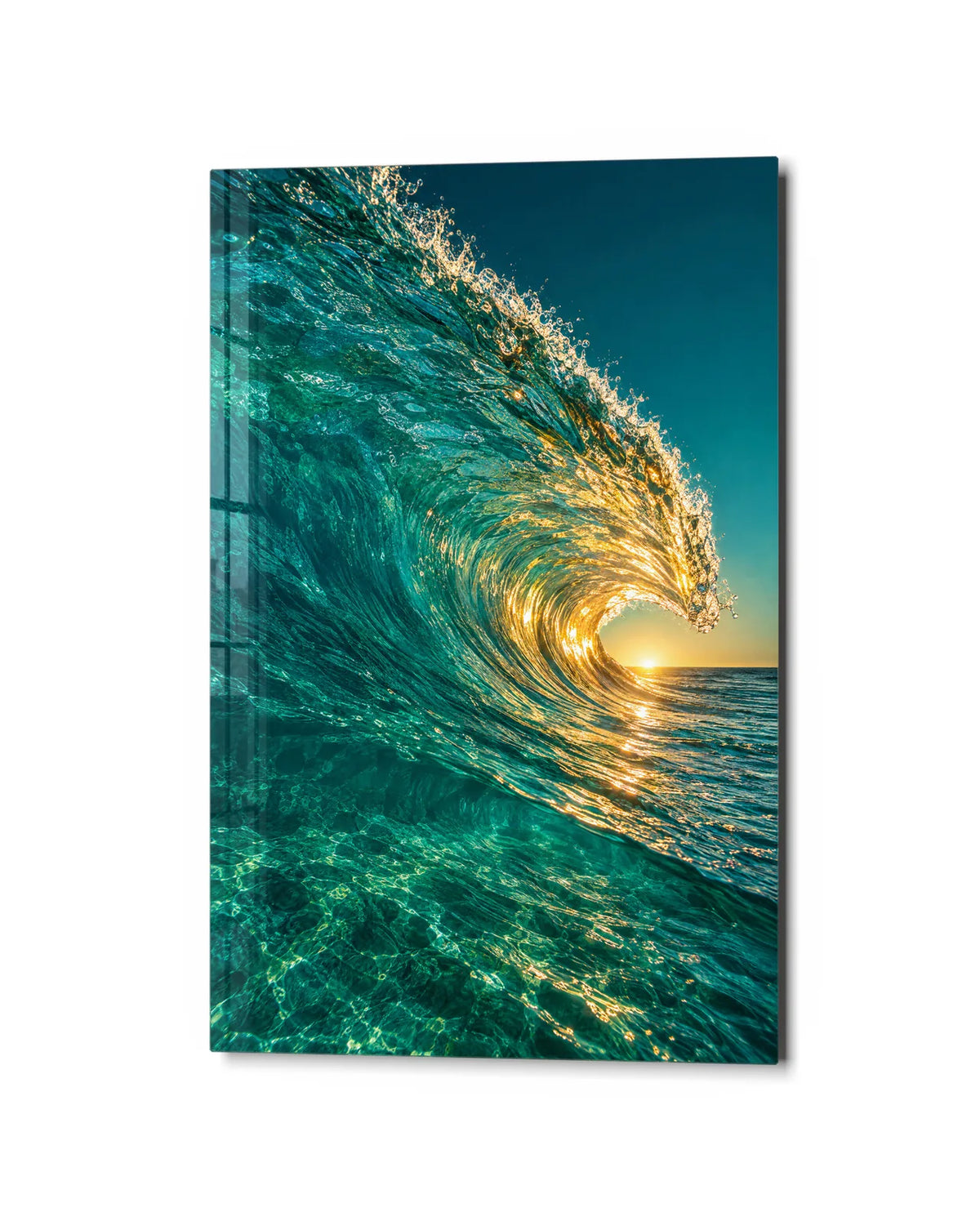 Golden Water Curl — studio view of glass wall art