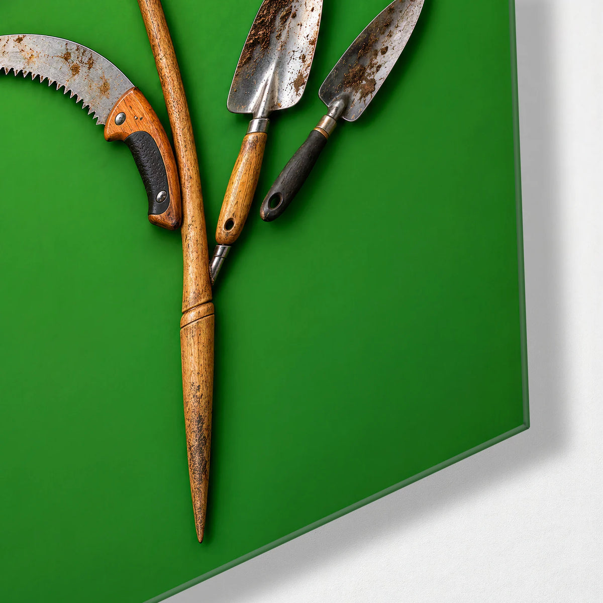 Tools in Bloom — corner detail of glass wall art