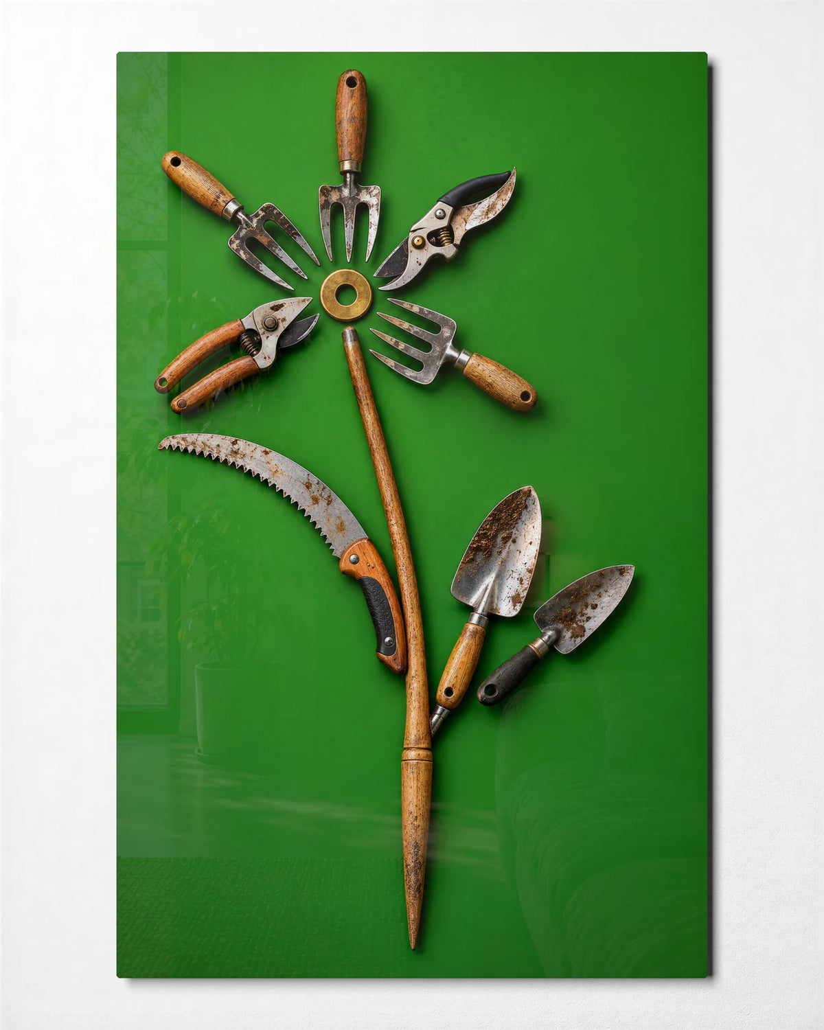 Tools in Bloom — front view of glass wall art