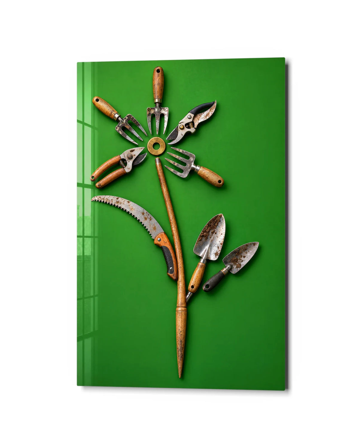 Tools in Bloom — studio view of glass wall art
