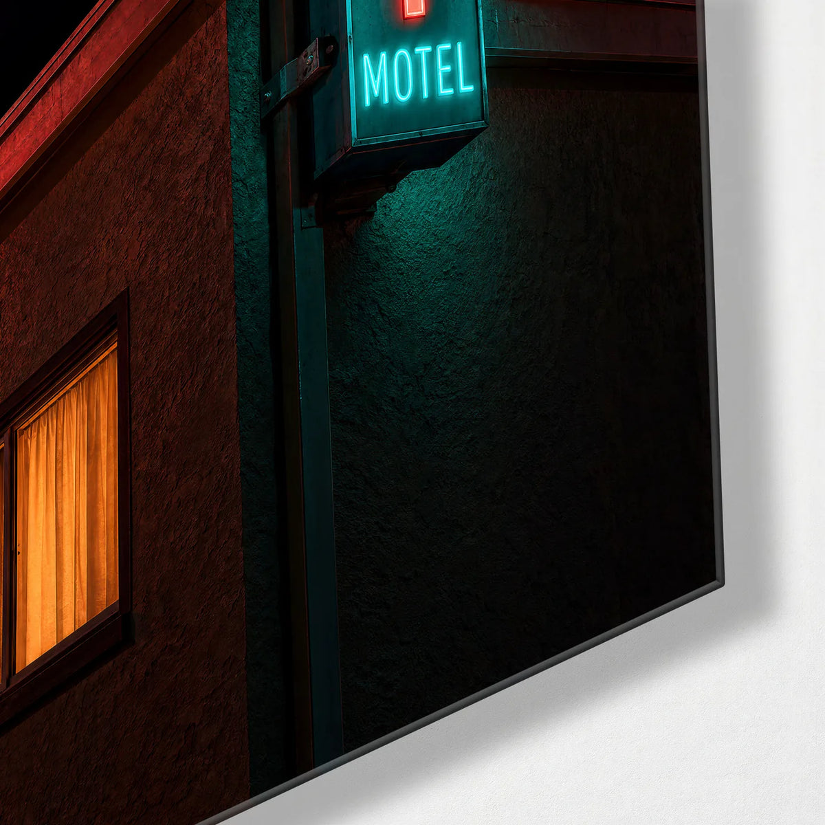 Quiet Motel — corner detail of glass wall art