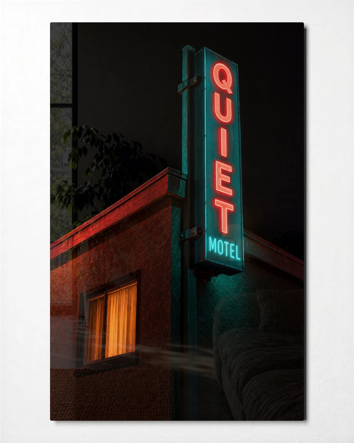 Quiet Motel — front view of glass wall art