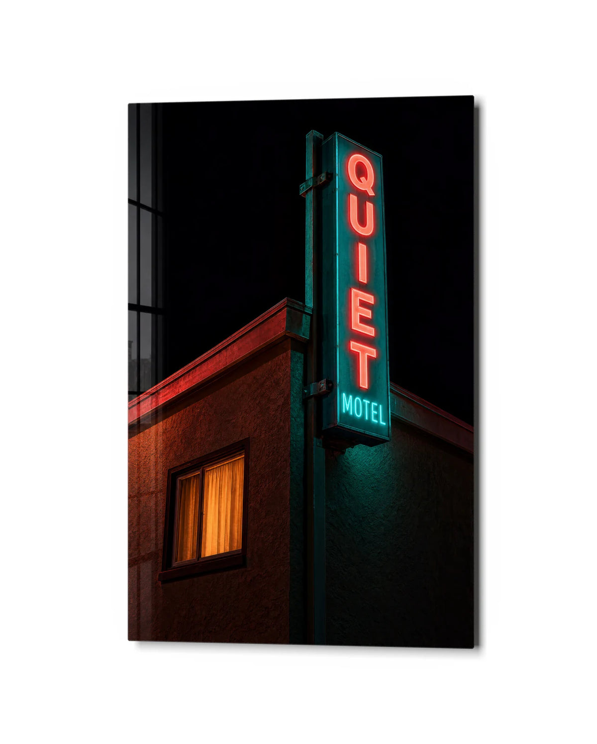 Quiet Motel — studio view of glass wall art