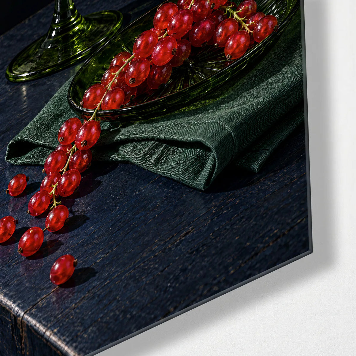 Redcurrants After Hours — corner detail of glass wall art