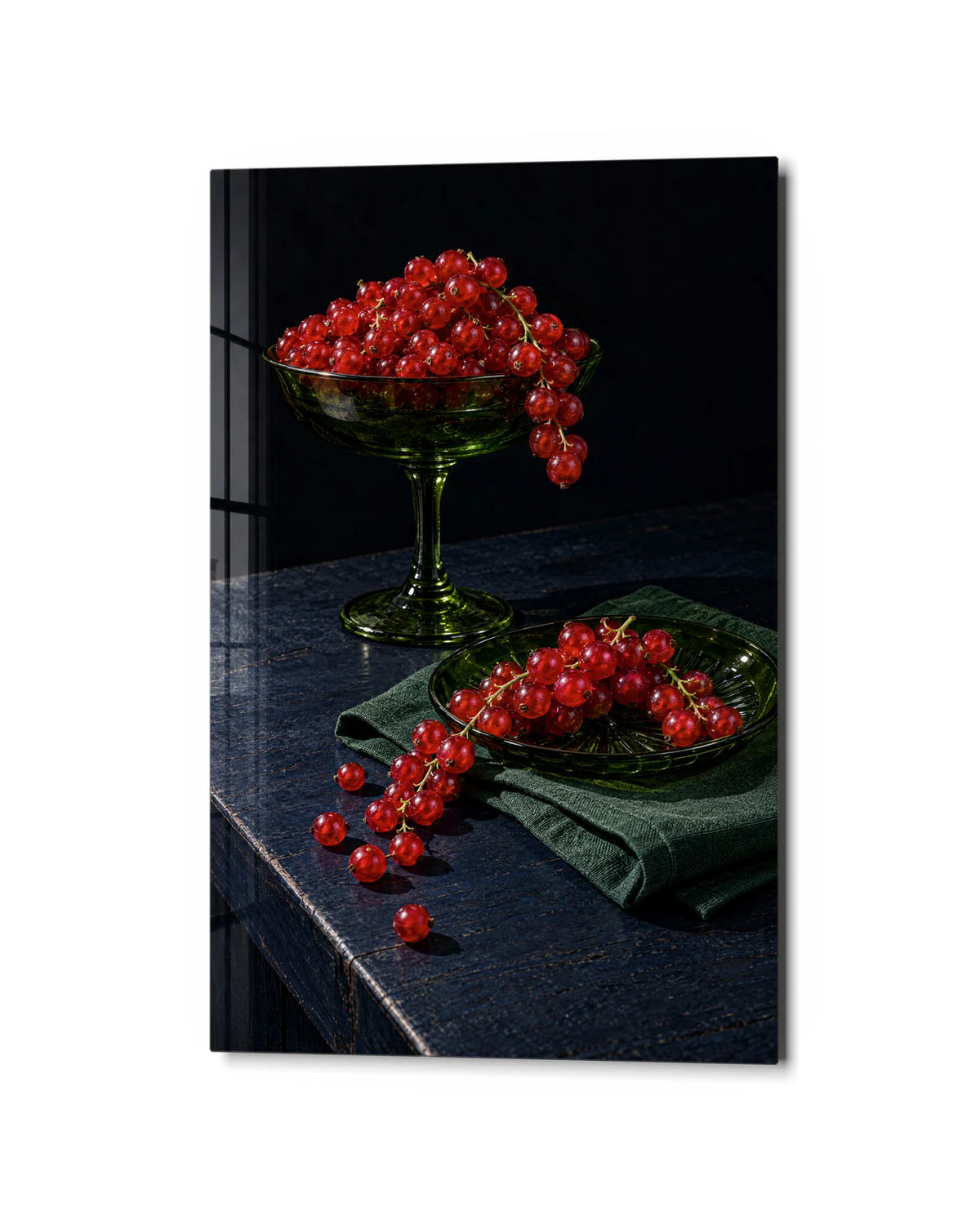 Redcurrants After Hours — studio view of glass wall art