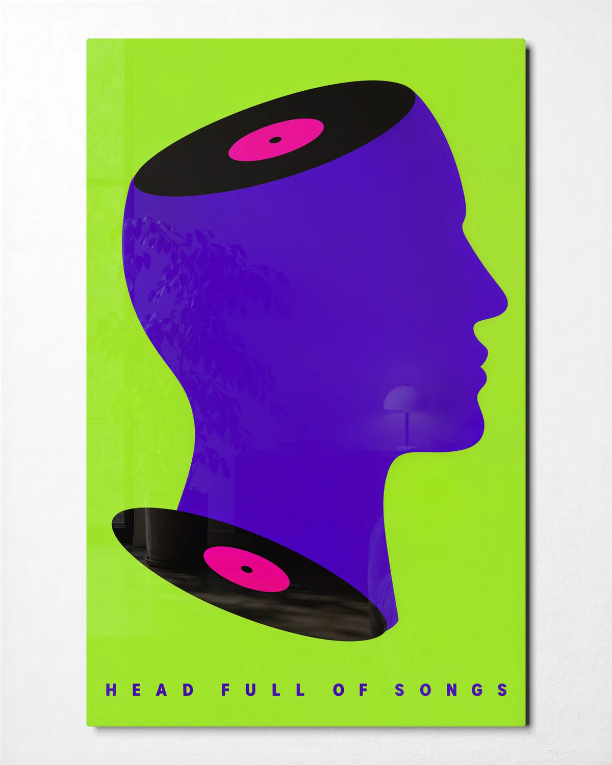 Head Full of Songs — front view of glass wall art