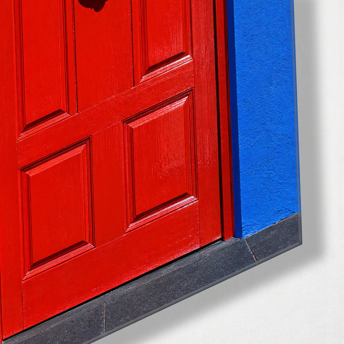 Red Door Blue Wall — corner detail of glass wall art