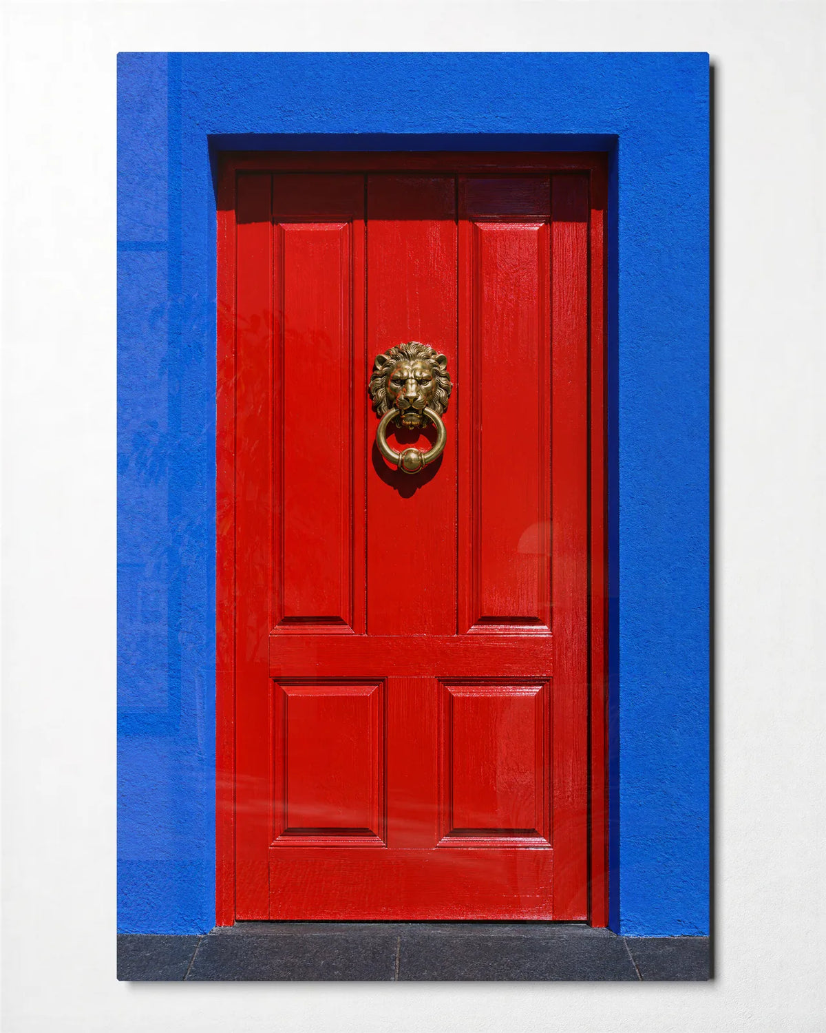 Red Door Blue Wall — front view of glass wall art