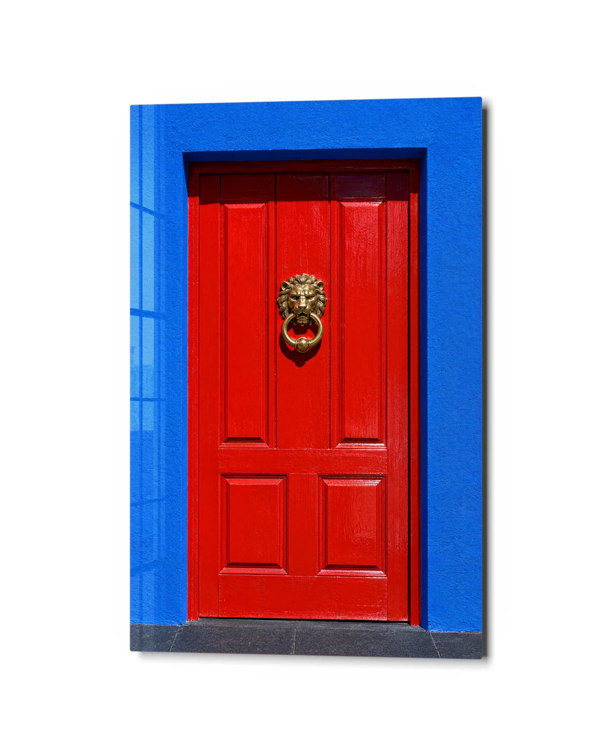 Red Door Blue Wall — studio view of glass wall art