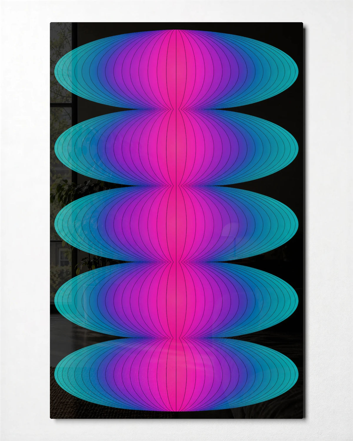 Five Colour Orbits — front view of glass wall art