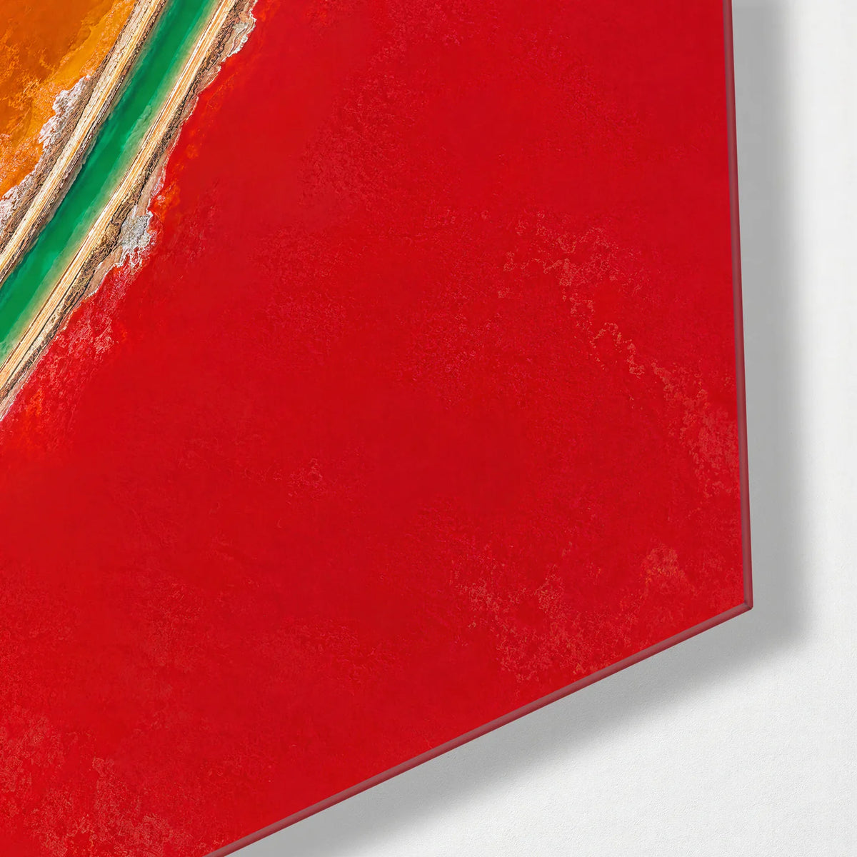 Green between Orange and Red — corner detail of glass wall art