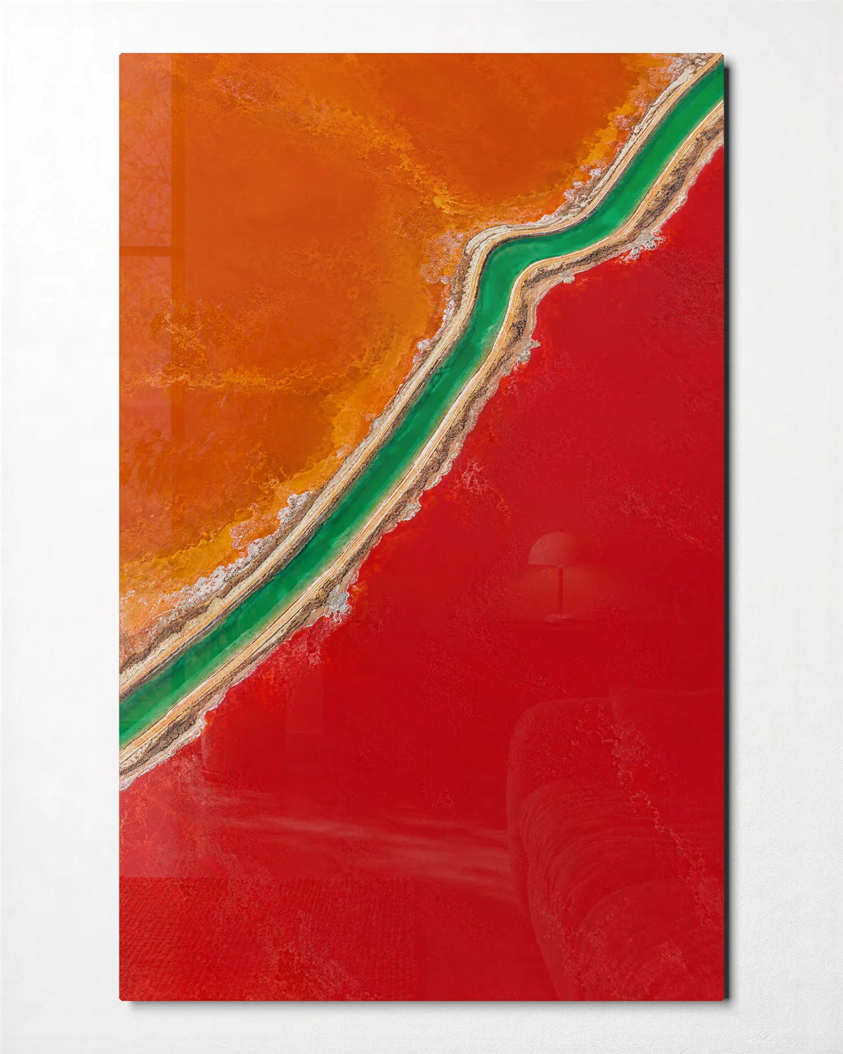 Green between Orange and Red — front view of glass wall art