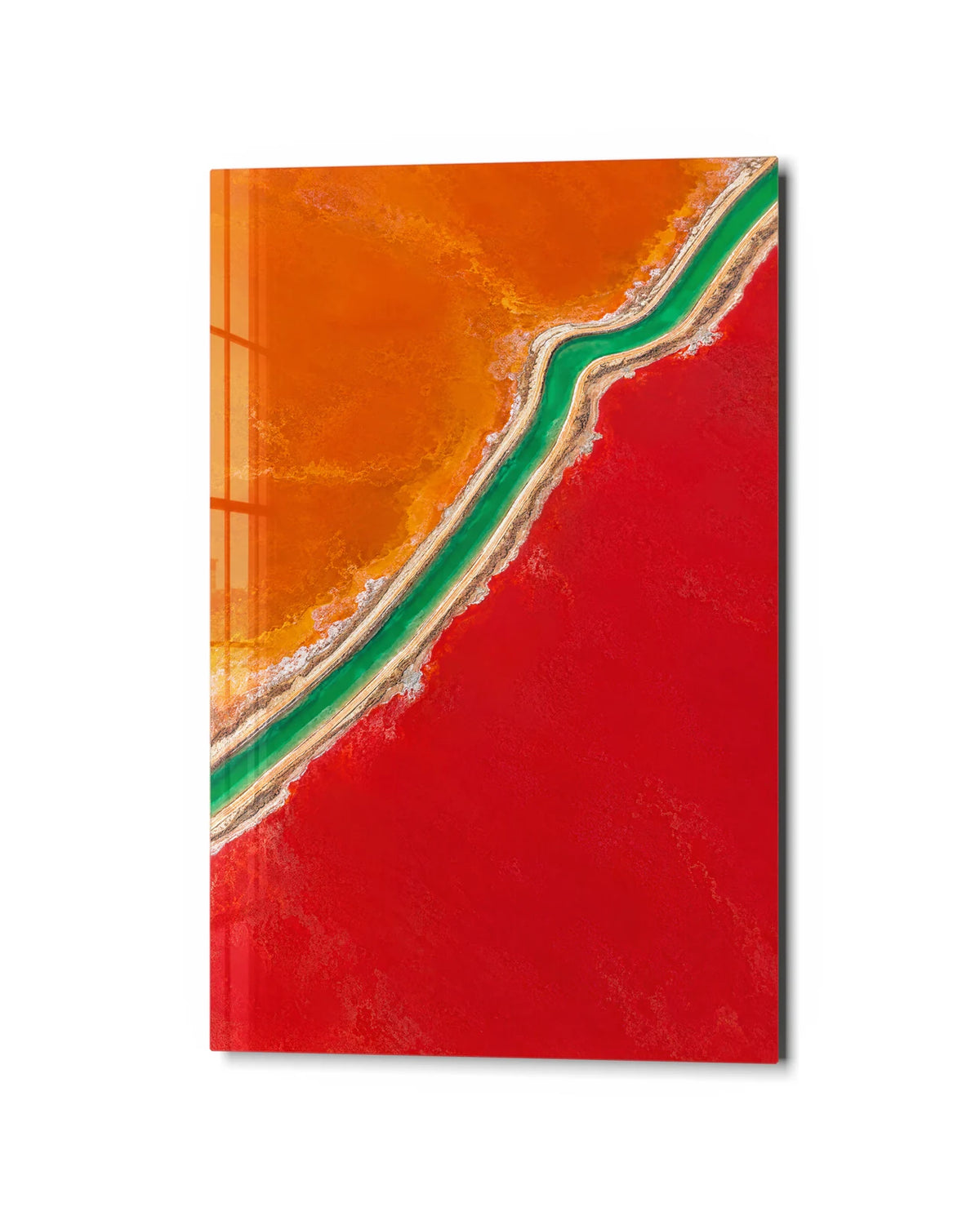 Green between Orange and Red — studio view of glass wall art