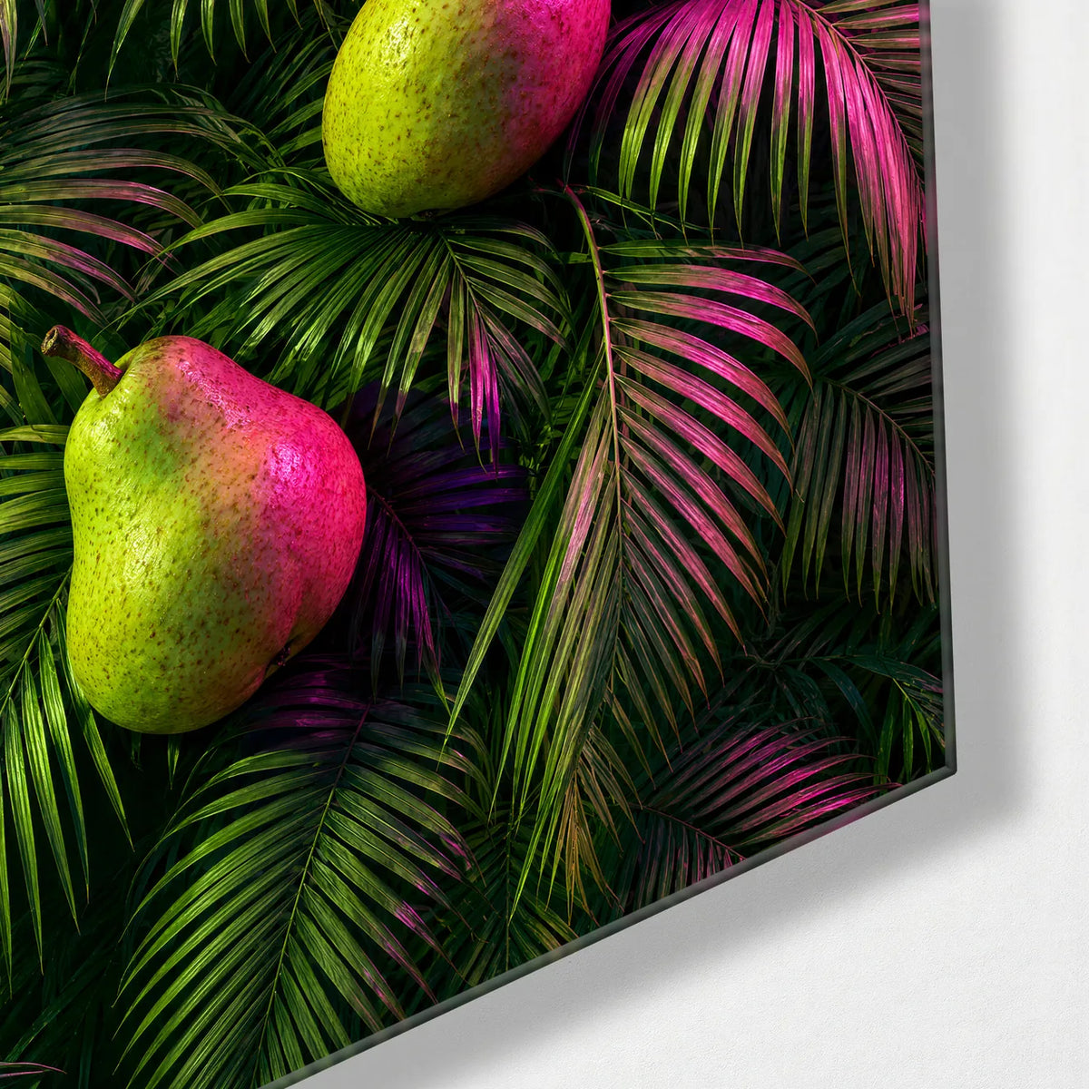 Pears in the Palms — corner detail of glass wall art