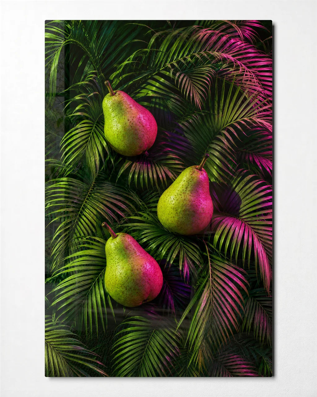 Pears in the Palms — front view of glass wall art