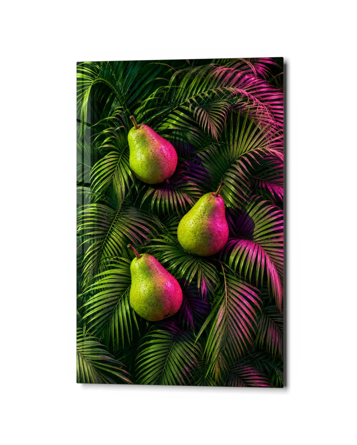Pears in the Palms — studio view of glass wall art